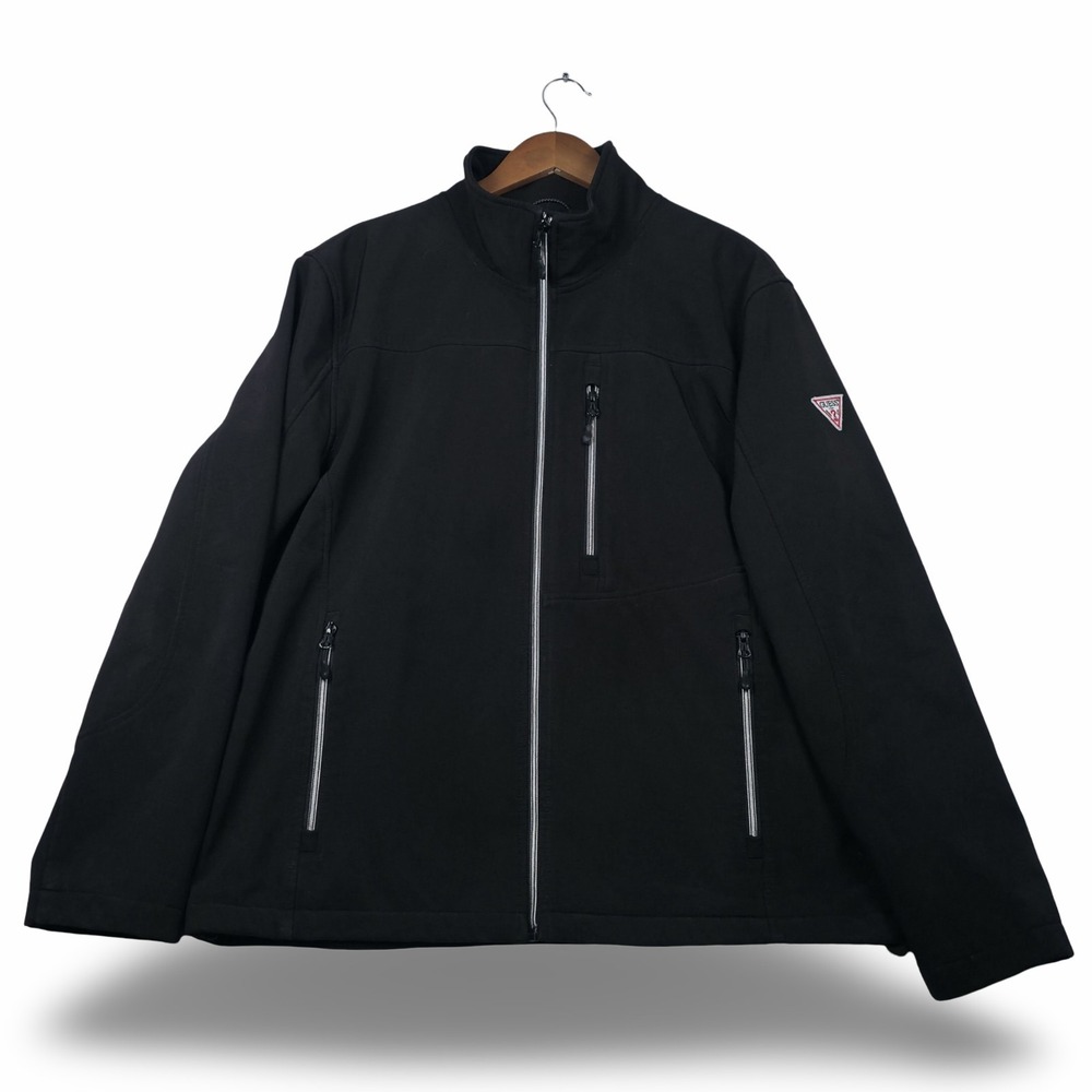 Guess Mens XL Black Softshell Jacket Zip Up Fleece Lined Triangle Logo Casual